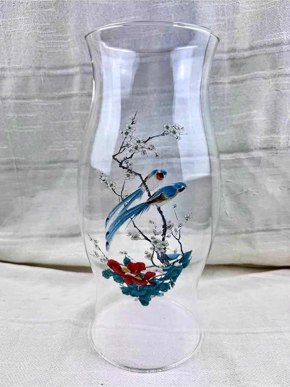 Vintage Hand Painted Glass Hurricane Globe Chimney Blue Birds Floral Chinoiserie
